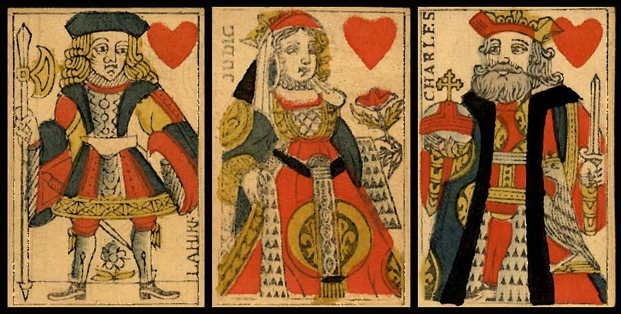 French card deck from the 17th century with the jack, king, and queen of hearts