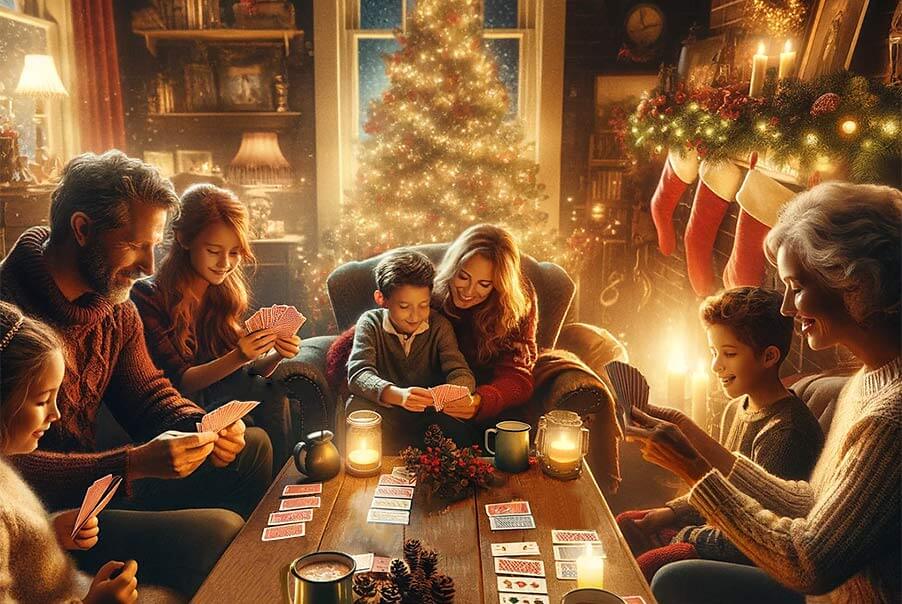 A family plays a card game in a room decorated with Christmas lights and candles