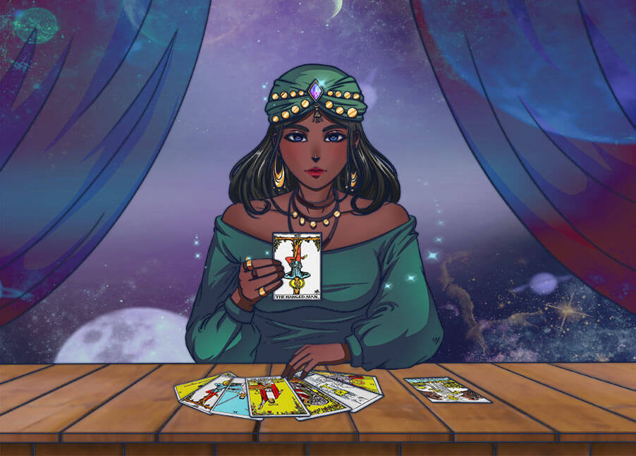 A female fortune teller shows tarot cards