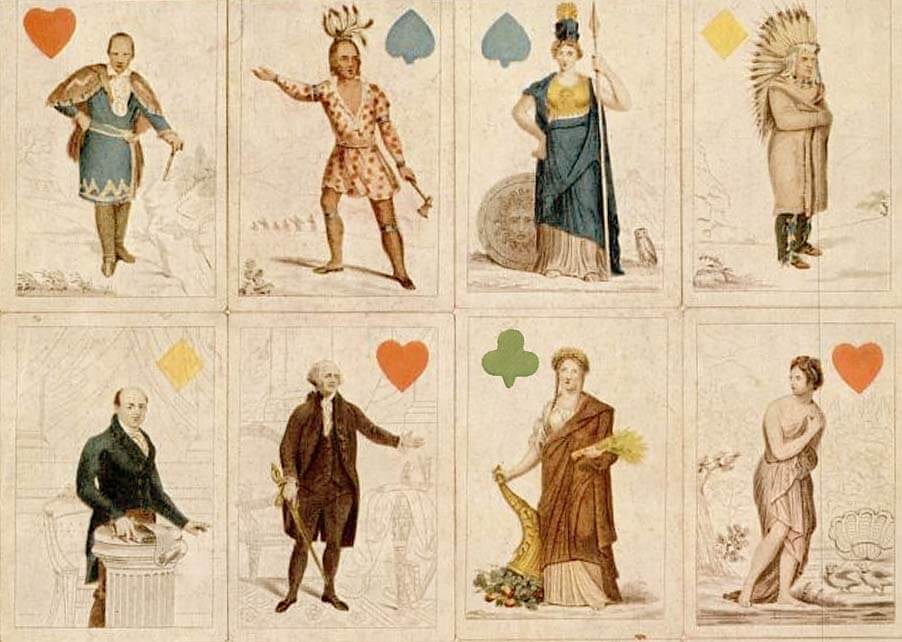 A four-colored card deck from c.1819, designed by J. Y. Humphreys, with illustrations depicting the Seminole Wars