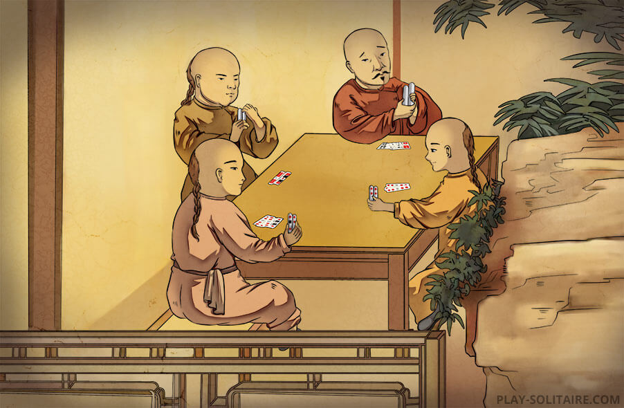 An ancient Chinese card game called leaf is played by a group of men in the 9th century